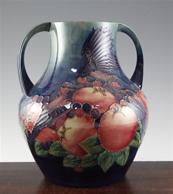 A large Moorcroft Finches pattern two handled baluster vase, 13in.